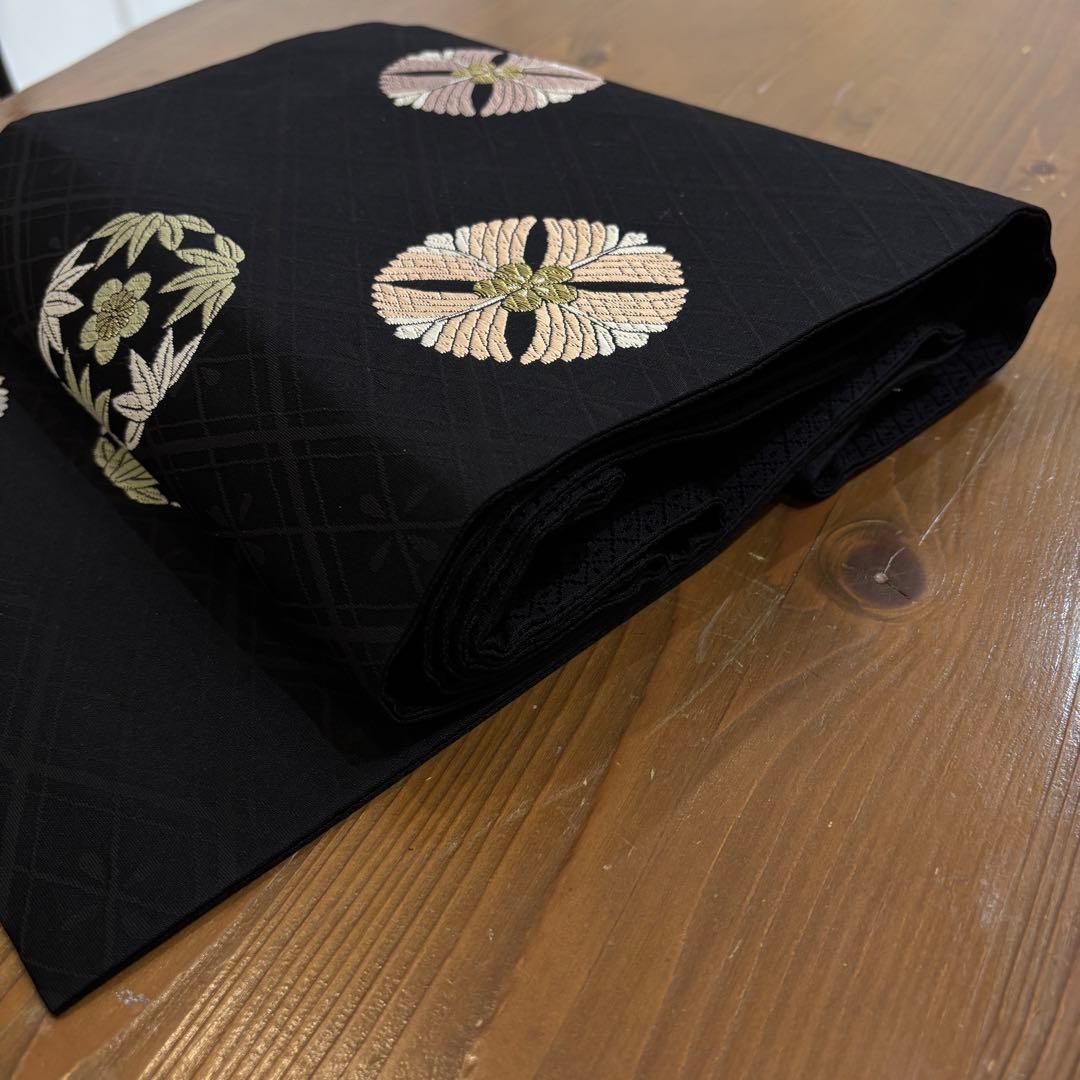【美品】名古屋帯　九寸名古屋帯　黒地に丸紋　松竹梅　　カジュアル着物　o1580
