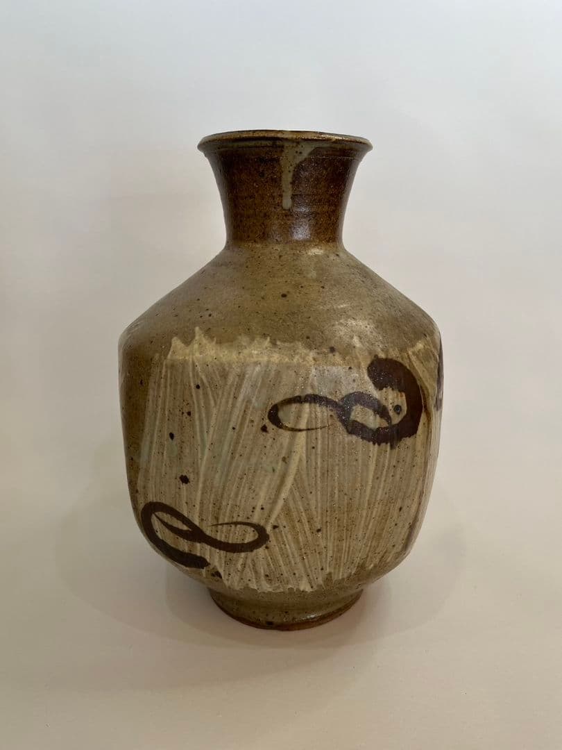 人間国宝・島岡達三作　鉄絵刷毛目面取扁壺　特大35cm 本物保証