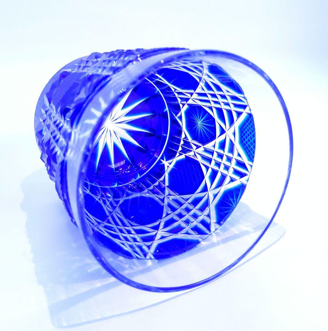 【ましゅまろ】薩摩びーどろ工芸作 薩摩切子 切子オールド 瑠璃 八角籠目文