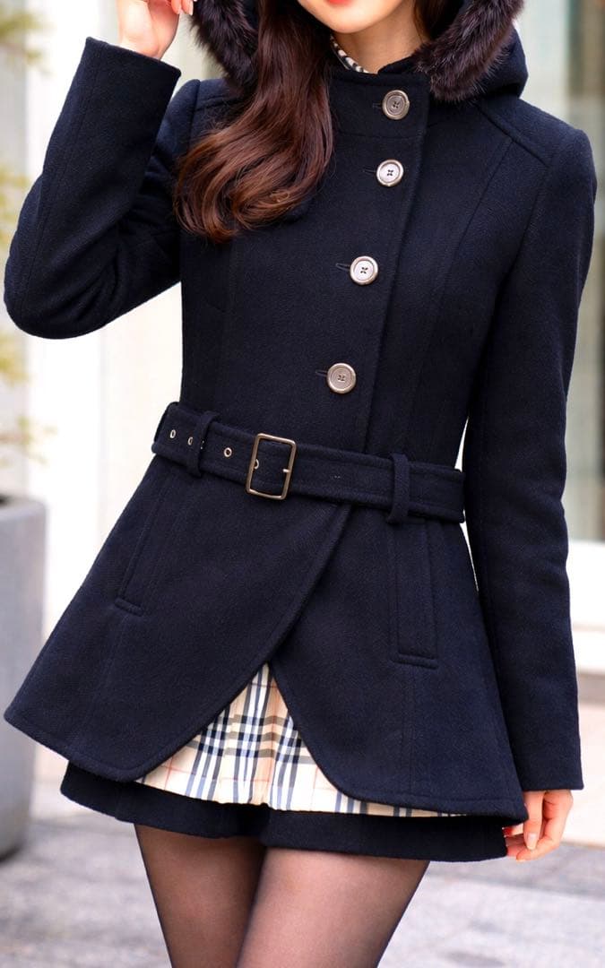 可愛い バーバリーブルーレーベル　コート　ウール　ファー　ベルト　フード　Ｌ