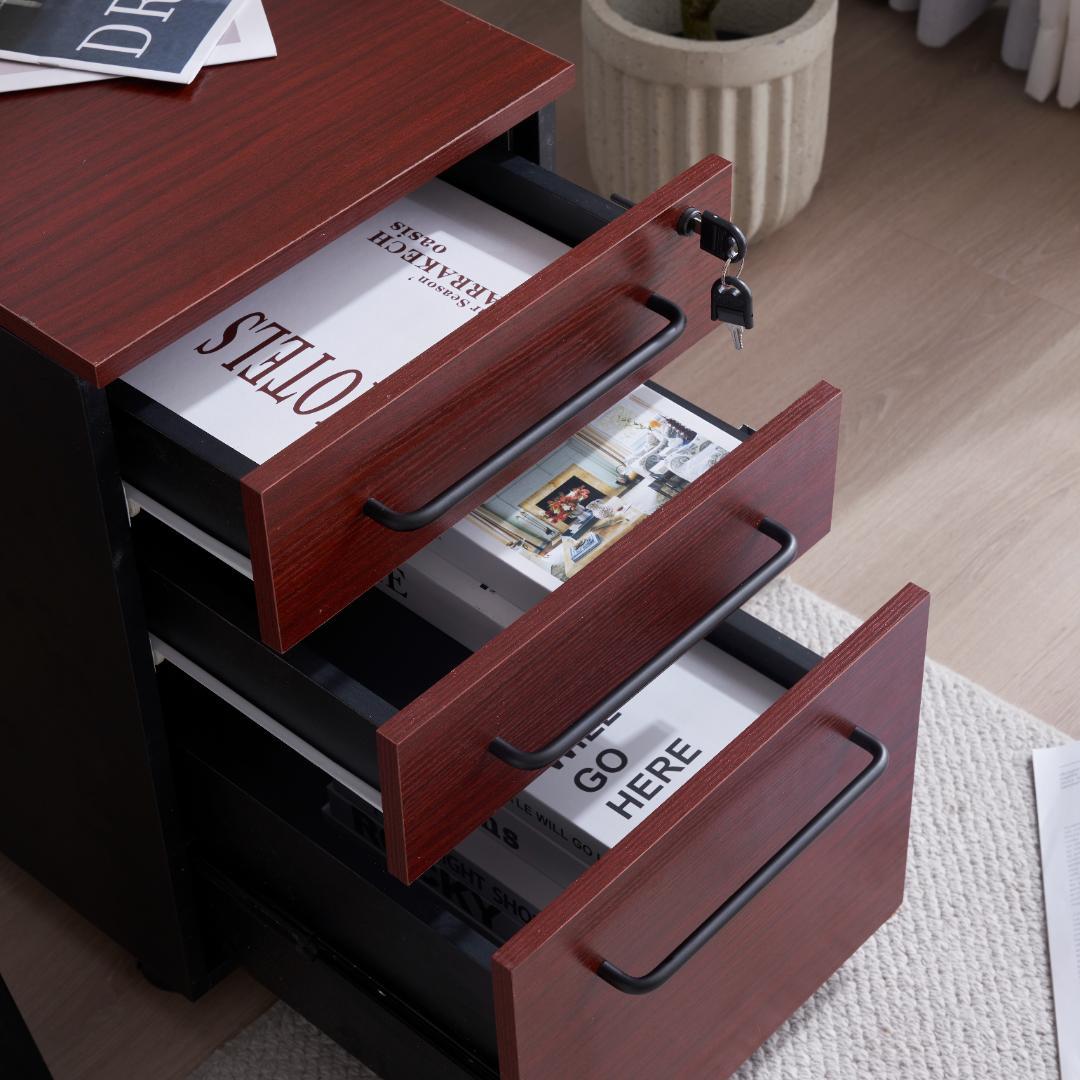 デスクワゴン サイドワゴン ラック 鍵付き キャスター付き 脇机 引き出し3段