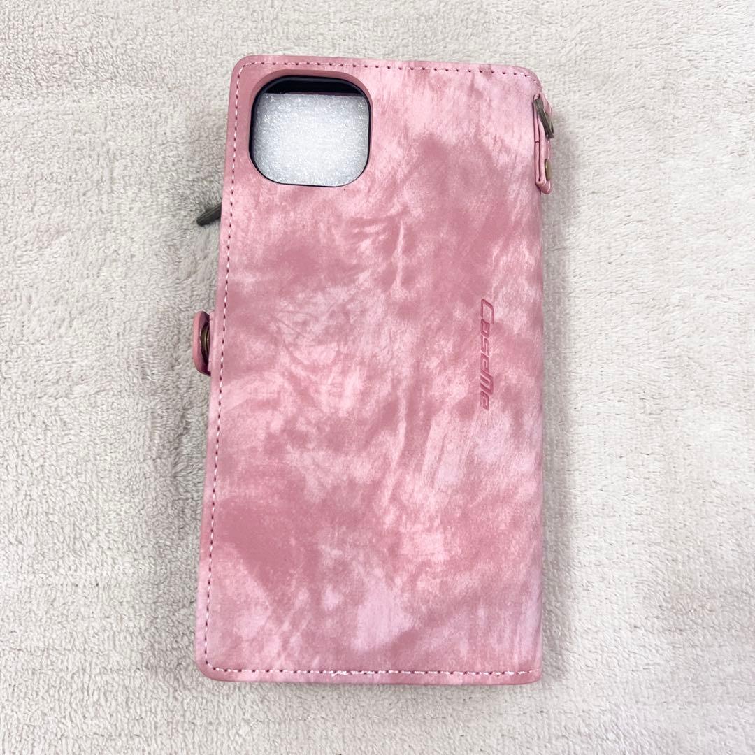 ジッパー付き iPhone 14 Plus ケース ピンク ウォレット 財布