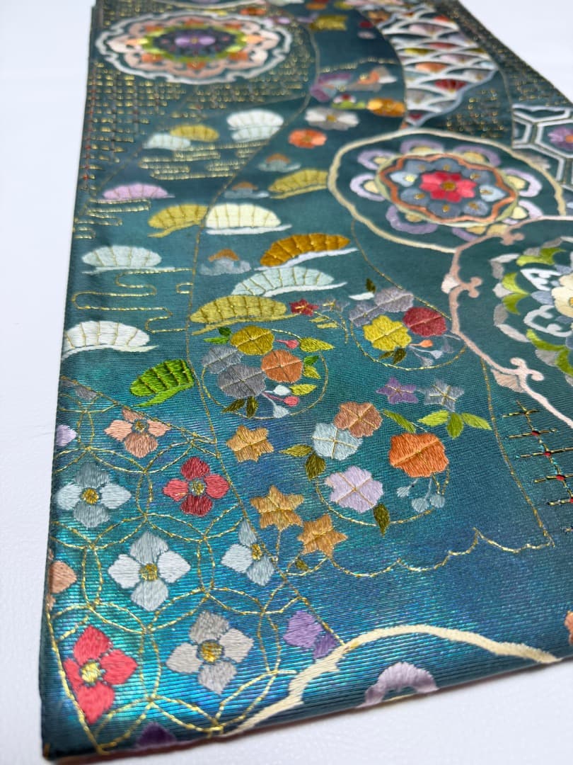 高級 袋帯 正絹 六通柄 汕頭刺繍 蘇州刺繍 メタリックブルー カラー芯