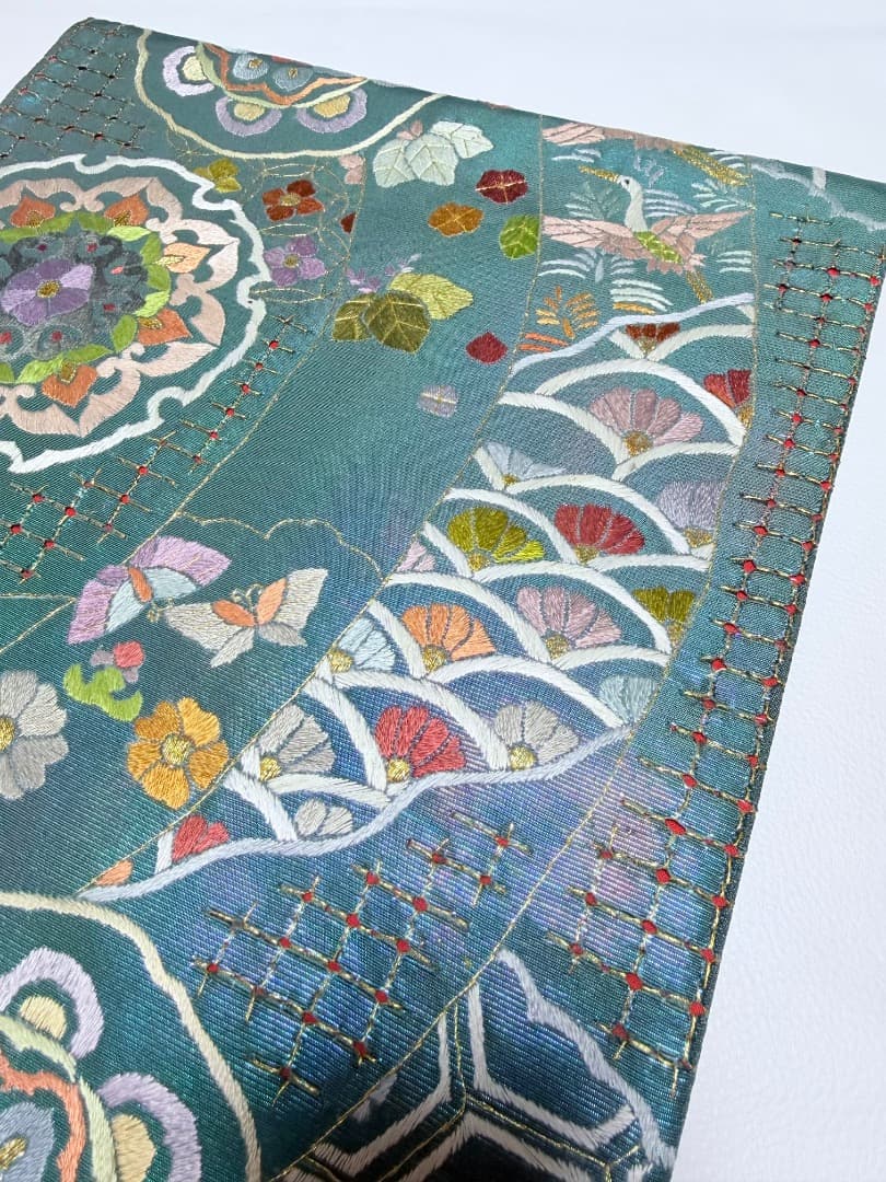 高級 袋帯 正絹 六通柄 汕頭刺繍 蘇州刺繍 メタリックブルー カラー芯