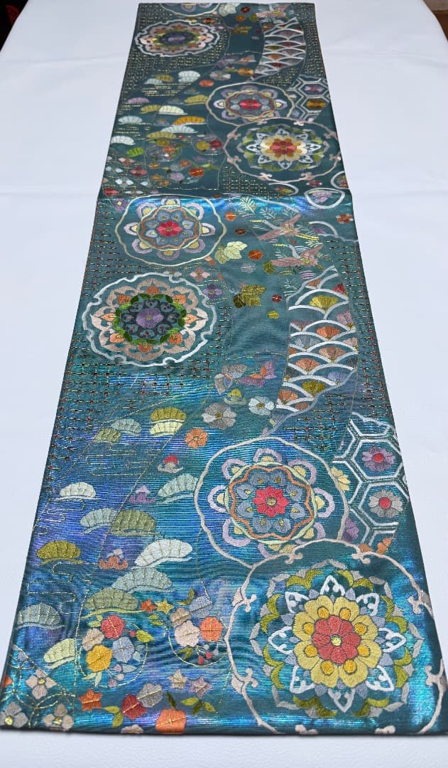 高級 袋帯 正絹 六通柄 汕頭刺繍 蘇州刺繍 メタリックブルー カラー芯