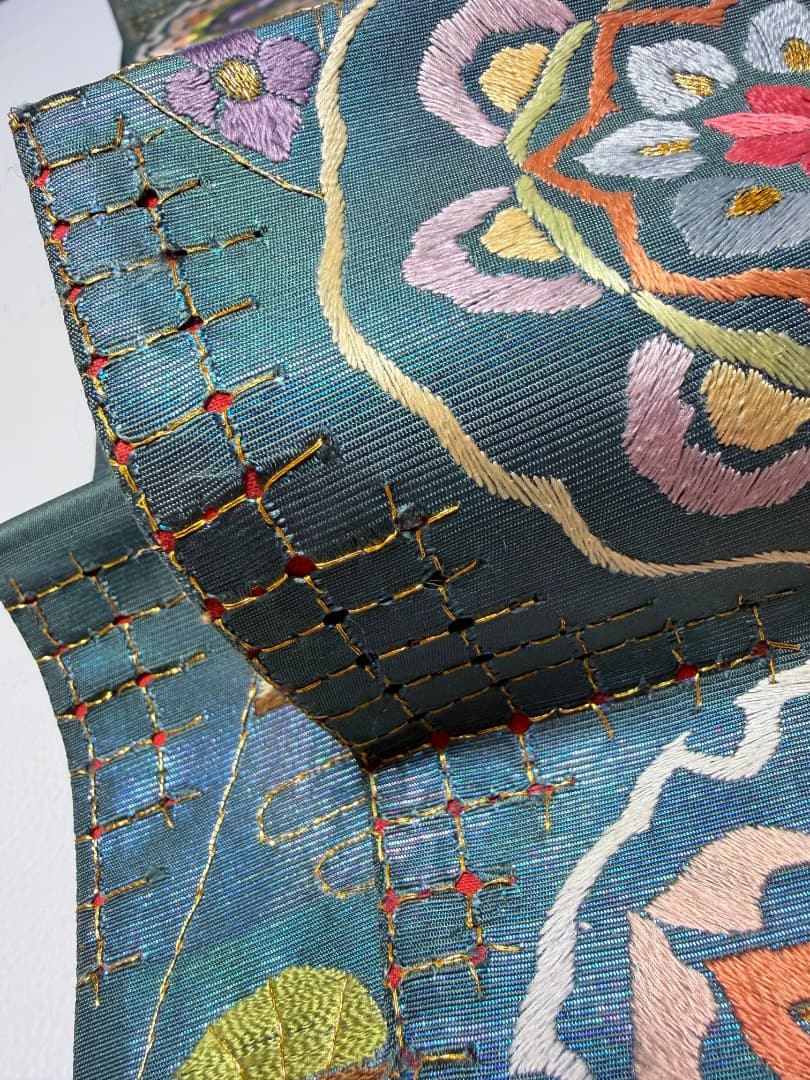 高級 袋帯 正絹 六通柄 汕頭刺繍 蘇州刺繍 メタリックブルー カラー芯