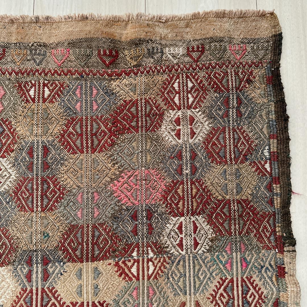 トルコ ヴィンテージラグ 955 レア ベージュ ブルー ピンク オールドキリム