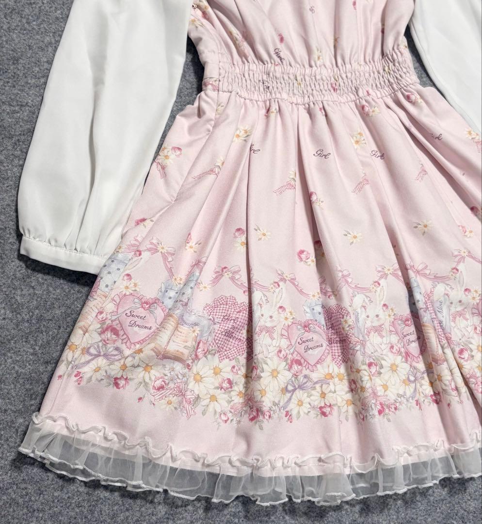 LIZ LISA 襟付き 長袖 ワンピース うさぎ フラワー 柄　ピンク