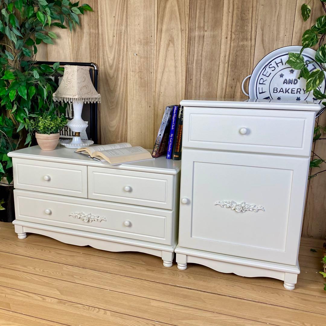 フレンチカントリー北欧調ホワイトチェストキャビネット2点セット木製収納家具タンス