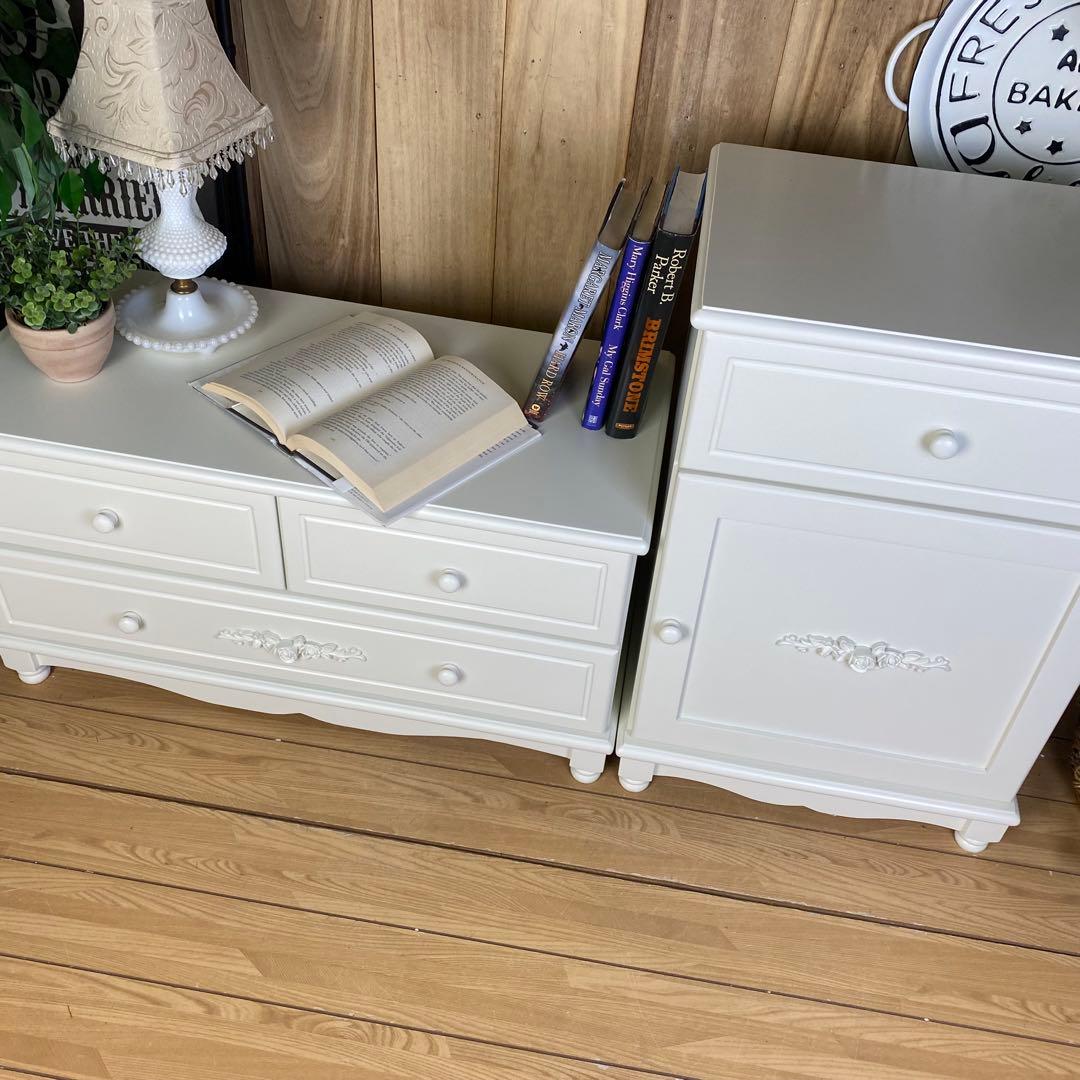 フレンチカントリー北欧調ホワイトチェストキャビネット2点セット木製収納家具タンス