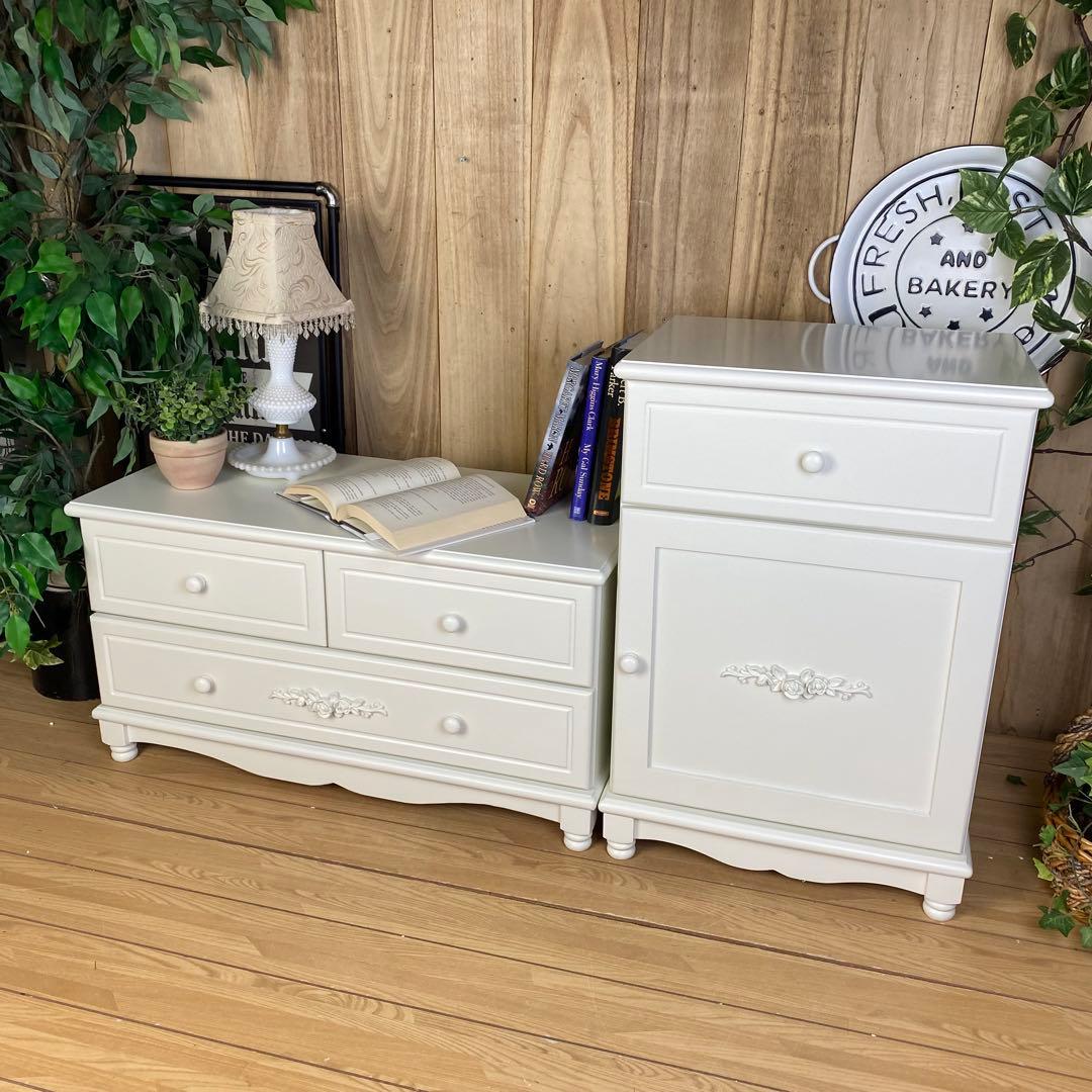 フレンチカントリー北欧調ホワイトチェストキャビネット2点セット木製収納家具タンス