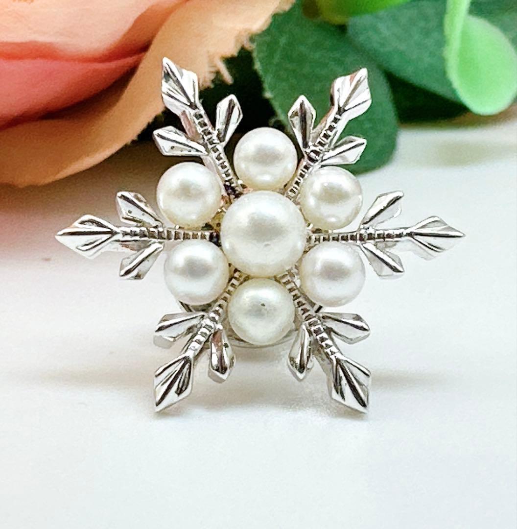 美品✨MIKIMOTO✨パール7珠 ピンブローチ　シルバー　雪の結晶