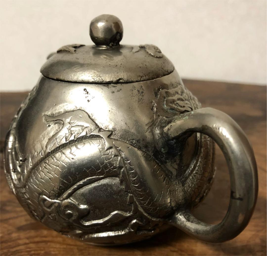 中国美術 古白銅 急須 五本爪龍遊刻 436㌘