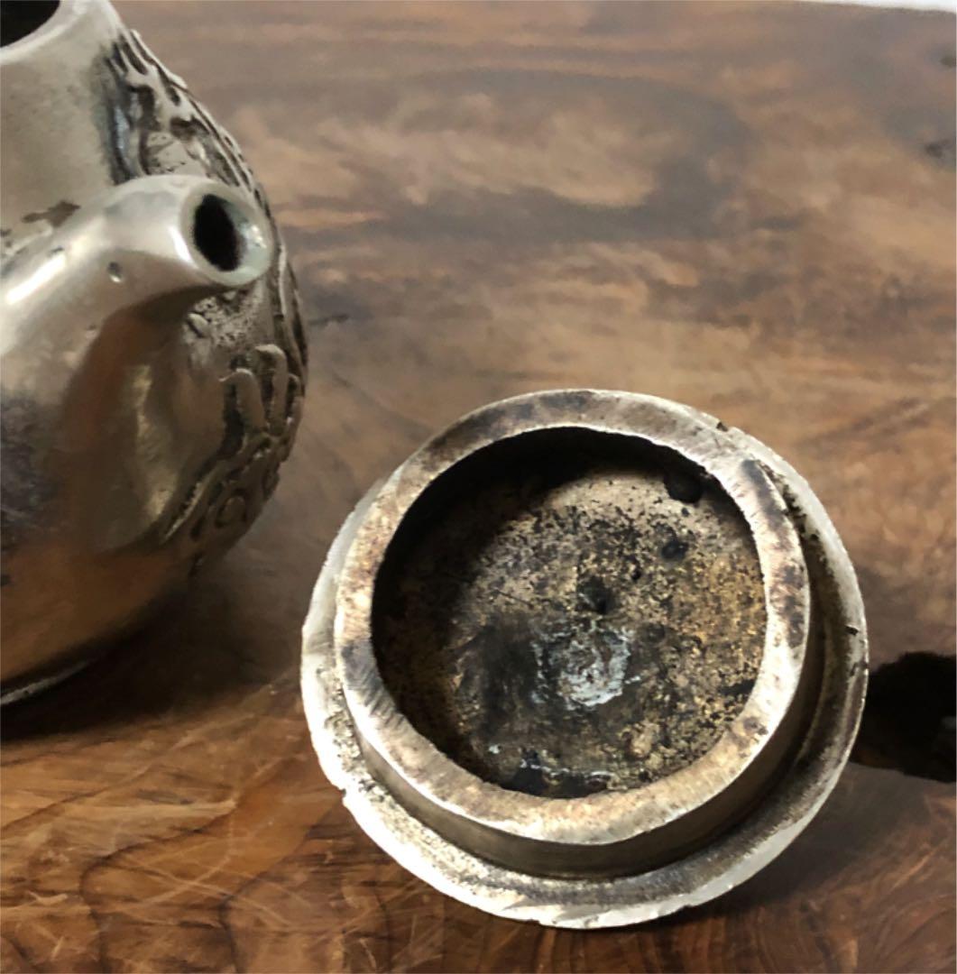 中国美術 古白銅 急須 五本爪龍遊刻 436㌘