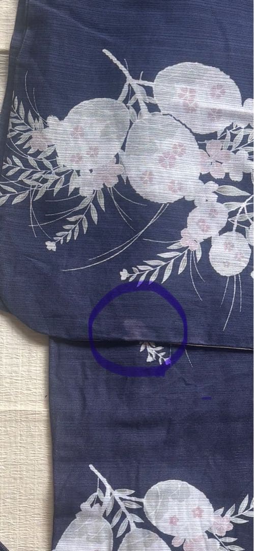 【綿麻　上品浴衣】古今　紺色 浴衣 単品　ピンク小花＆葉模様 手縫い 着物風にも