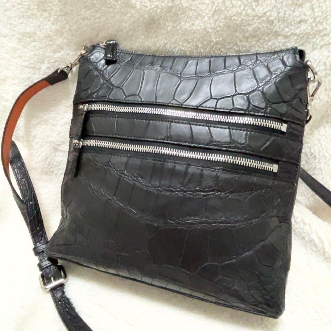 美品 本革 ショルダーバッグ クロコダイル レディース 黒 ブラック 三京商会