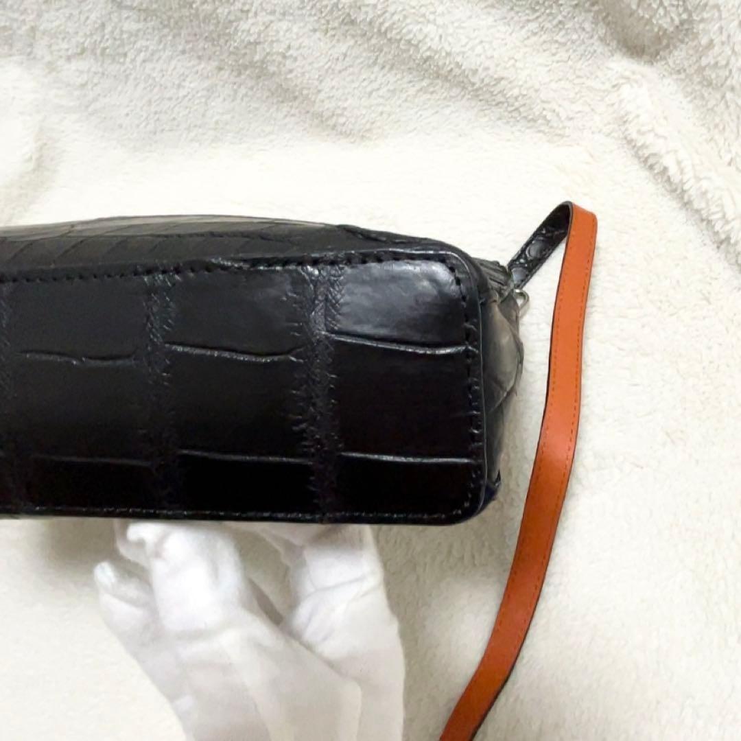 美品 本革 ショルダーバッグ クロコダイル レディース 黒 ブラック 三京商会
