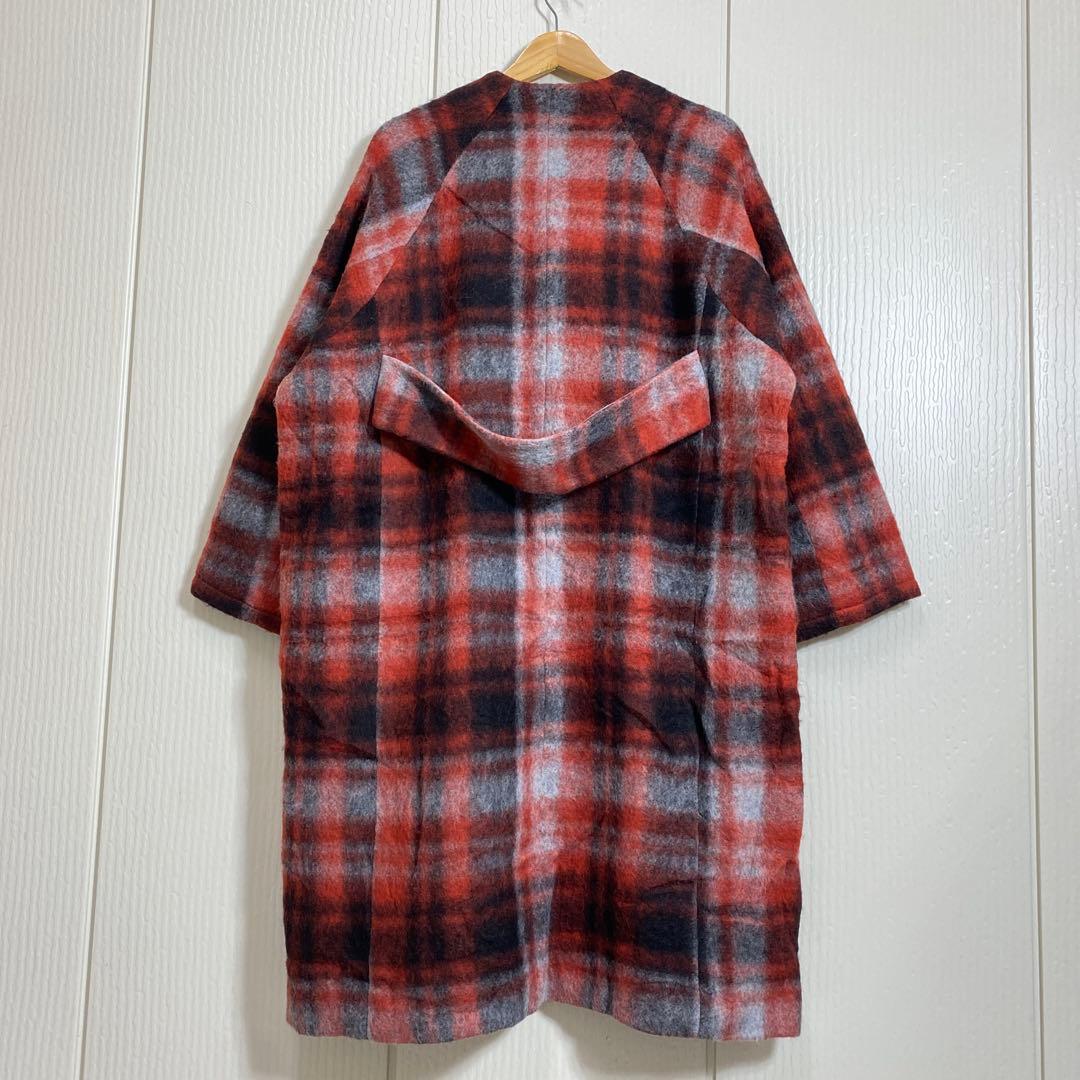 BEAMS BOY スライバー タータンチェック ノーカラーコート モヘヤ混