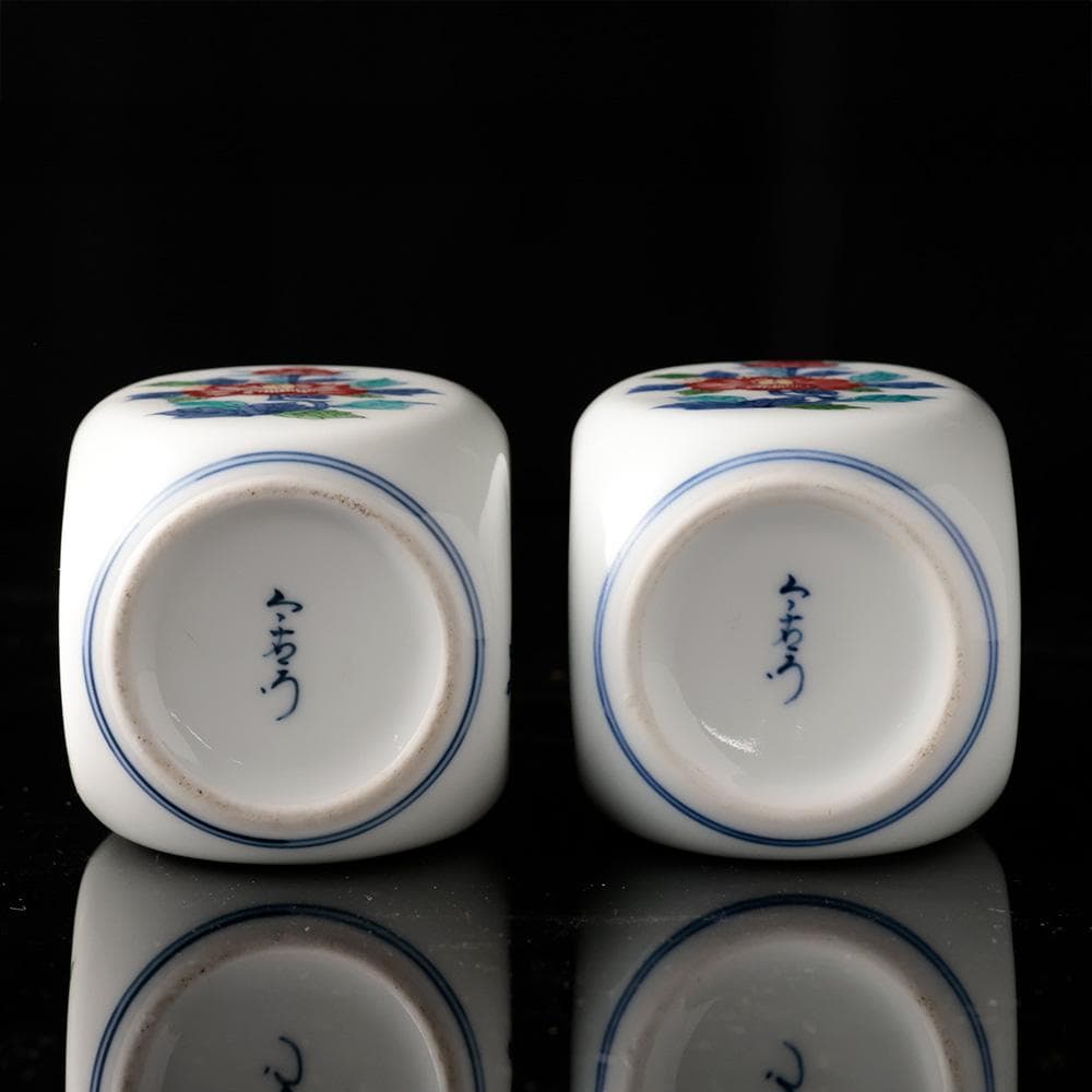 人間国宝 十三代今泉今右衛門 錦花画酒器 徳利 盃五客 共箱 黄布 栞 色鍋島