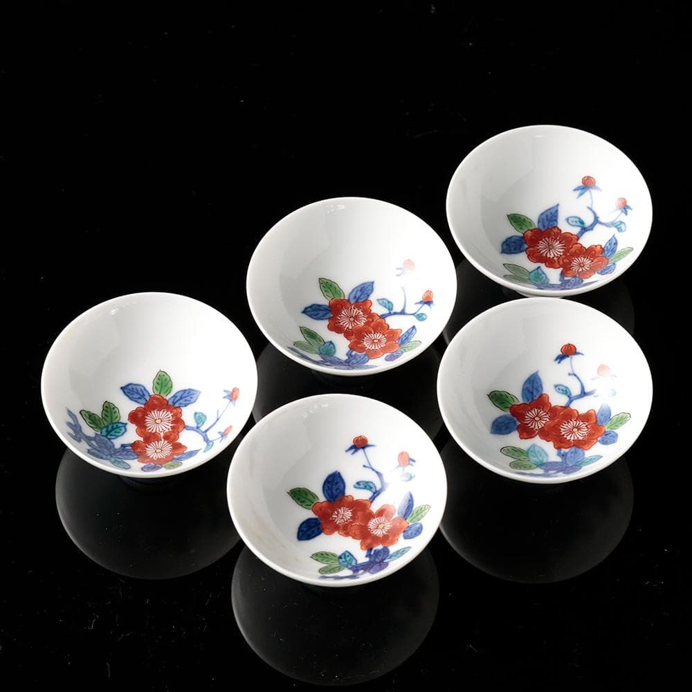 人間国宝 十三代今泉今右衛門 錦花画酒器 徳利 盃五客 共箱 黄布 栞 色鍋島