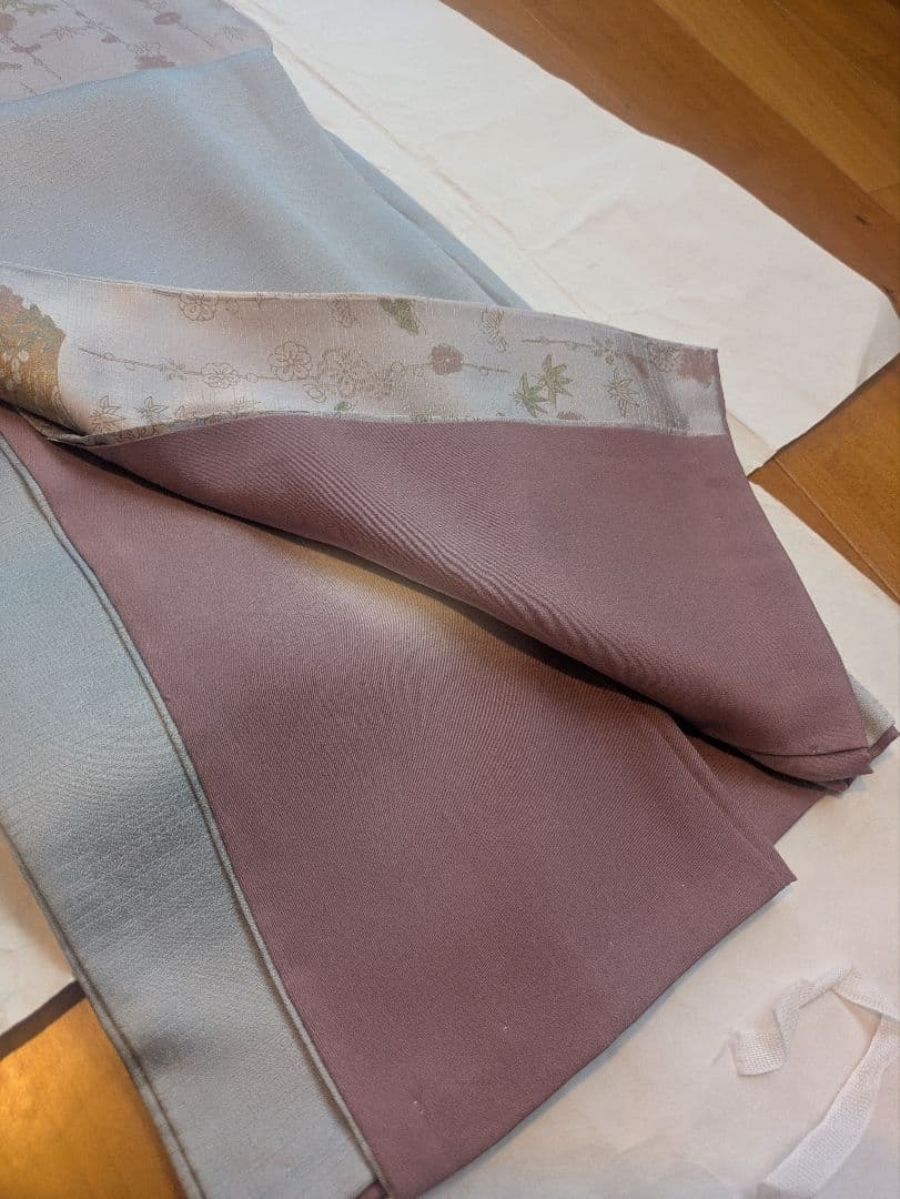 正絹　訪問着セット 薄青色　薄紫　ピンク 手刺繍　桔梗　 花柄 重ね衿付　帯付き