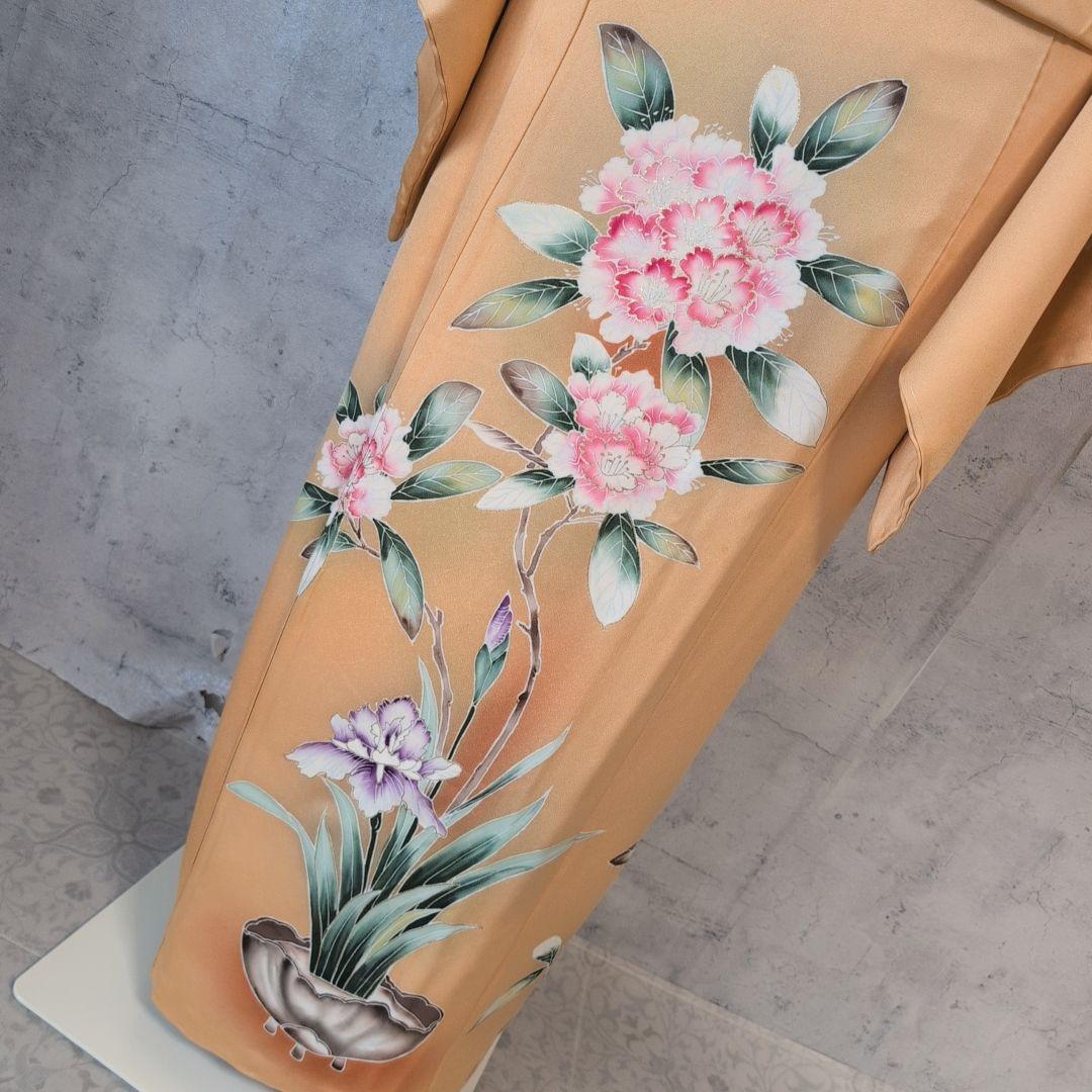 訪問着　フルセット　着物　正絹　生け花　しつけ糸　金　華やか　黄橙　C2