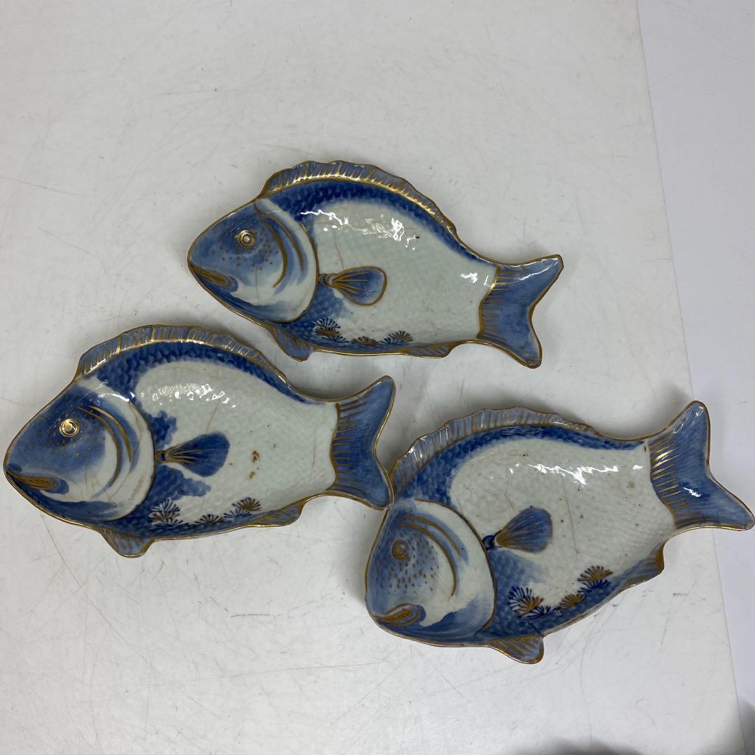 江戸中期　藍九谷　鯛の図皿　5客　トヒル　木箱付　東さ7-0809☆2F