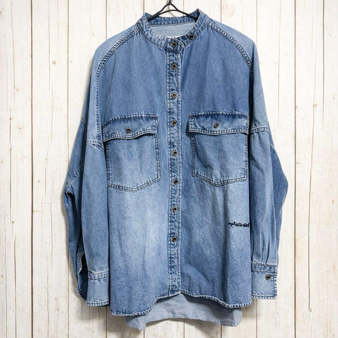 PUAL CE CIN ヴィンテージライクデニムバンドカラーシャツ ブルー系