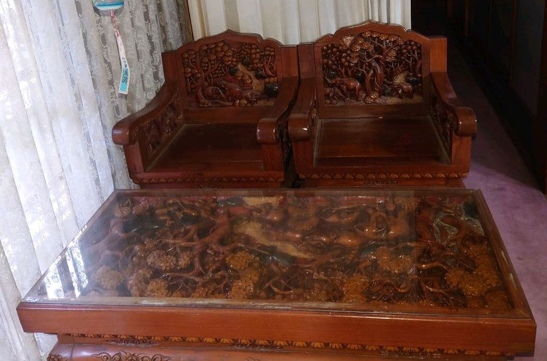 木彫り　アンティーク　象　椅子、机セット