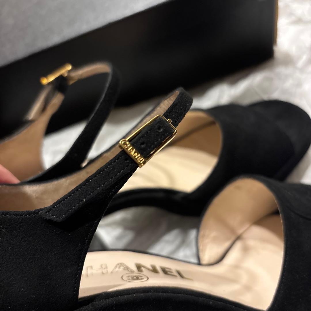 CHANEL シャネル ブラックオープントゥサンダル ベロア 37
