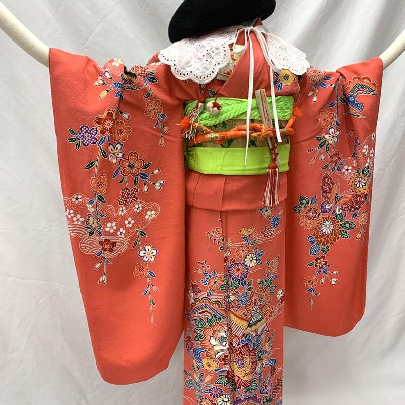 504ag65□七五三 七歳 女児 着物&袋帯 紅型風 型染 ピンク□美品