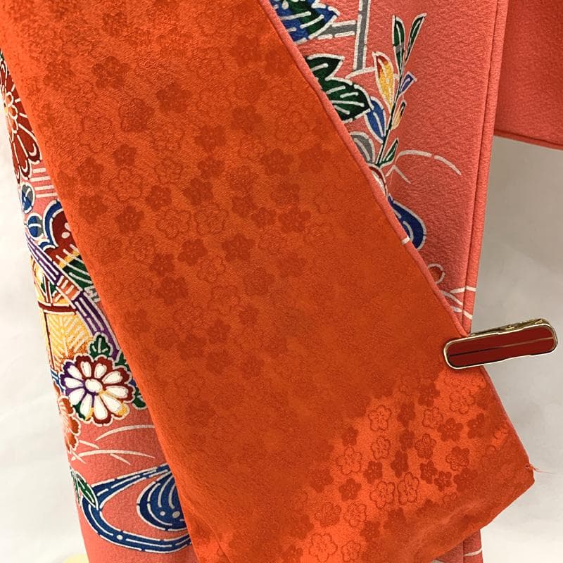 504ag65□七五三 七歳 女児 着物&袋帯 紅型風 型染 ピンク□美品