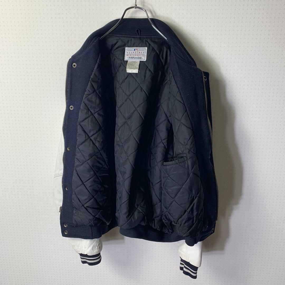 90s mirage ヤンキース スタジャン 袖レザー メルトン カナダ製 紺白