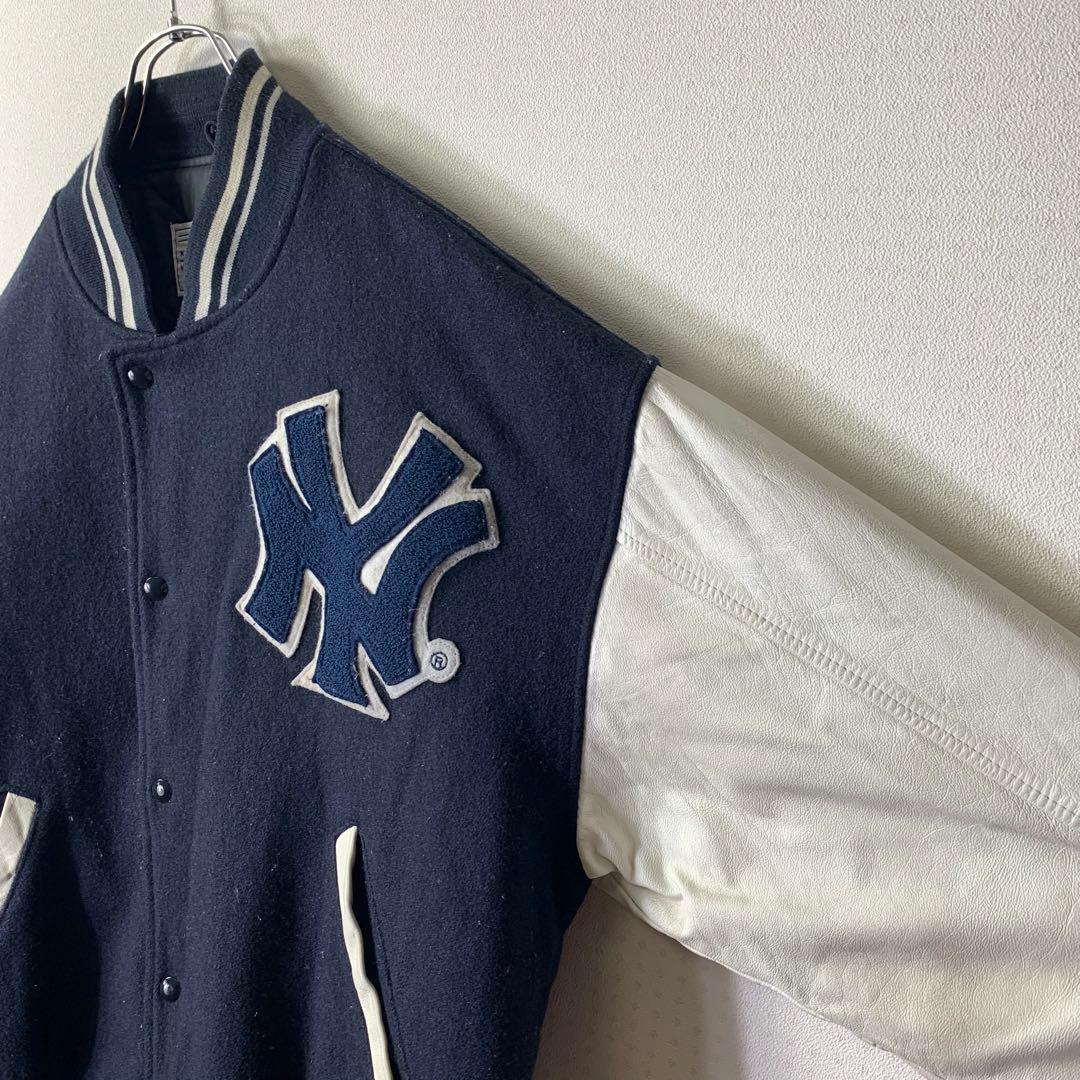 90s mirage ヤンキース スタジャン 袖レザー メルトン カナダ製 紺白