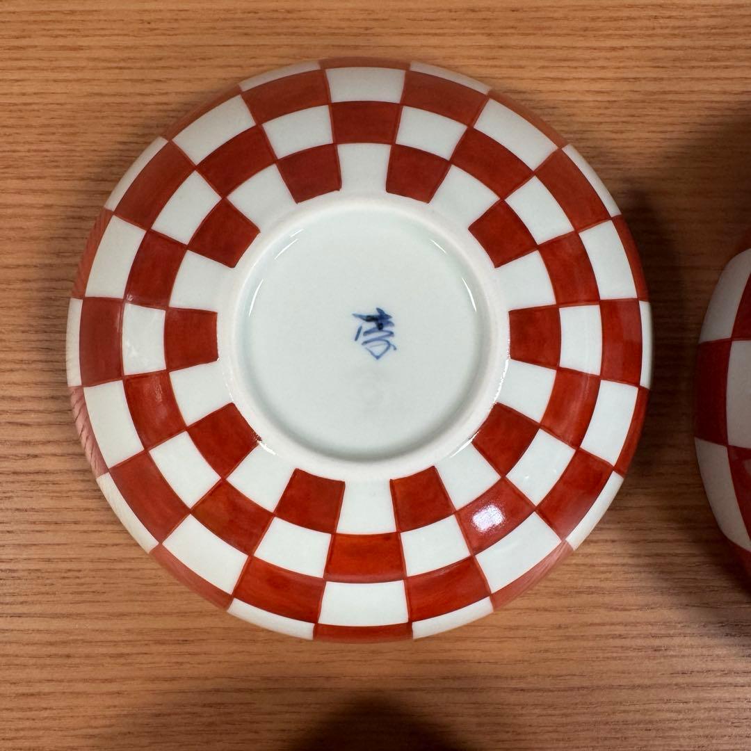 有田焼 李荘窯：赤絵市松文（混柄） 珠型三段重☆