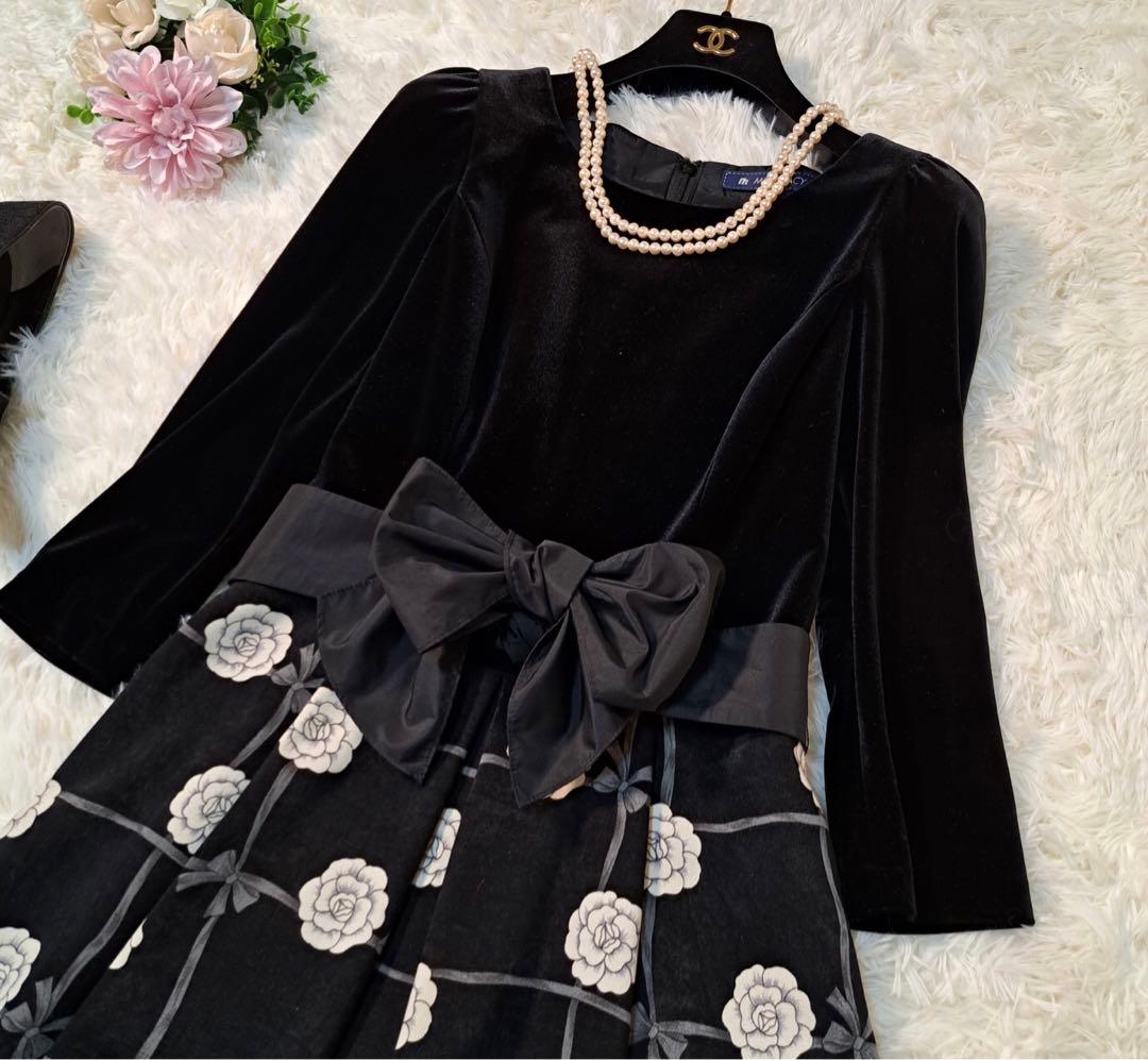 高級✨エムズグレイシー　スカート　花柄　ベロア　38 長袖　黒　リボン　M