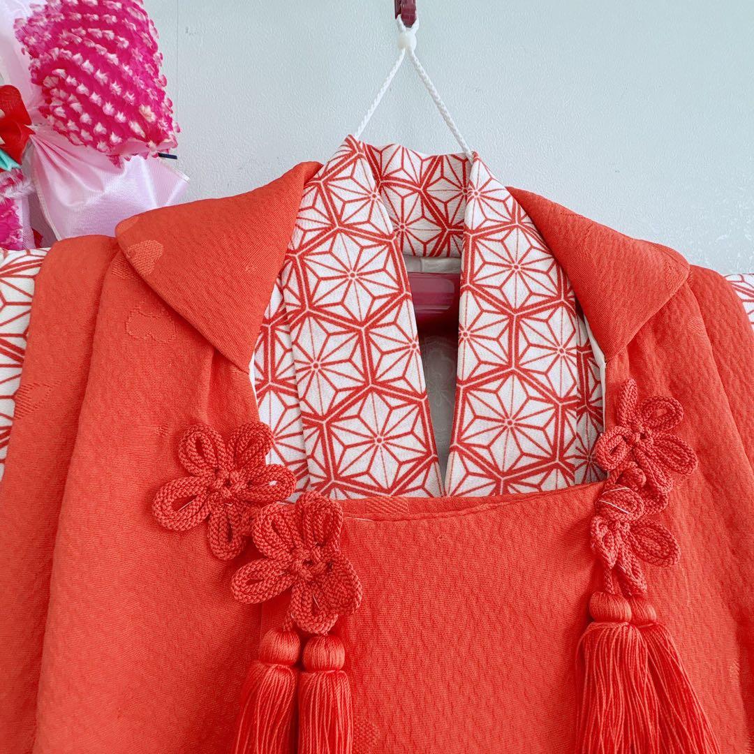 七五三　３歳　女の子　着物　きもの　長着　被布　赤系　麻文様　7276