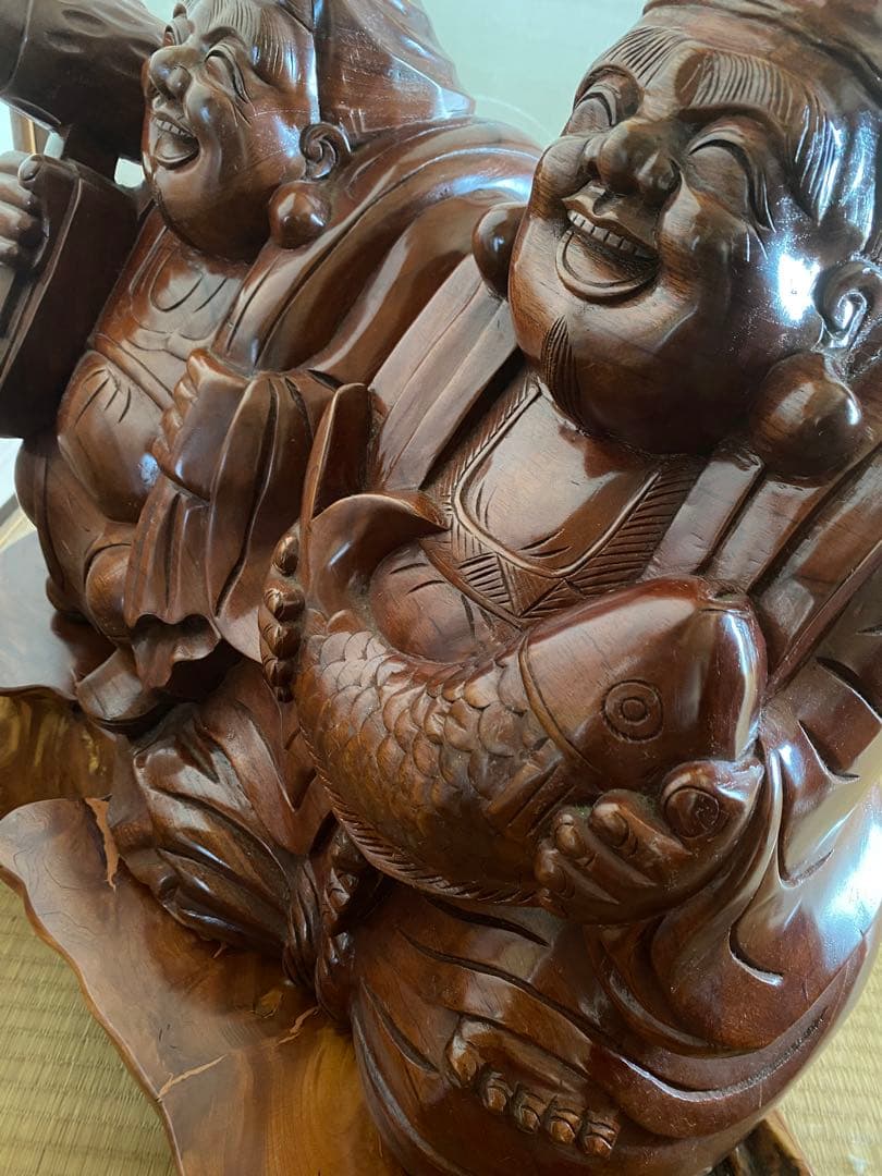 恵比寿と大黒天の木像　七福神　商売繁盛　大漁　財福　骨董　台座付　特大