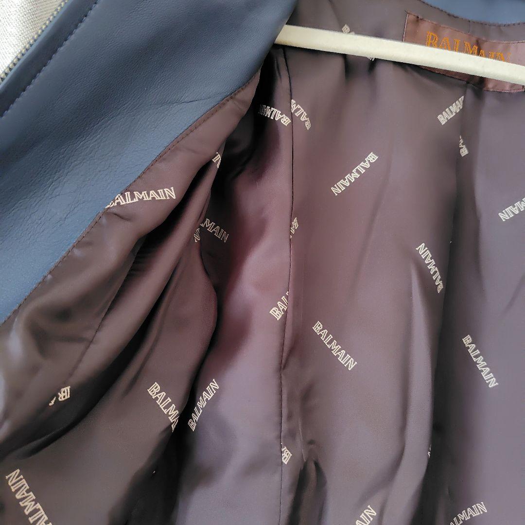 バルマン ラムレザージャケット　羊革 　ネイビー　ノーカラー