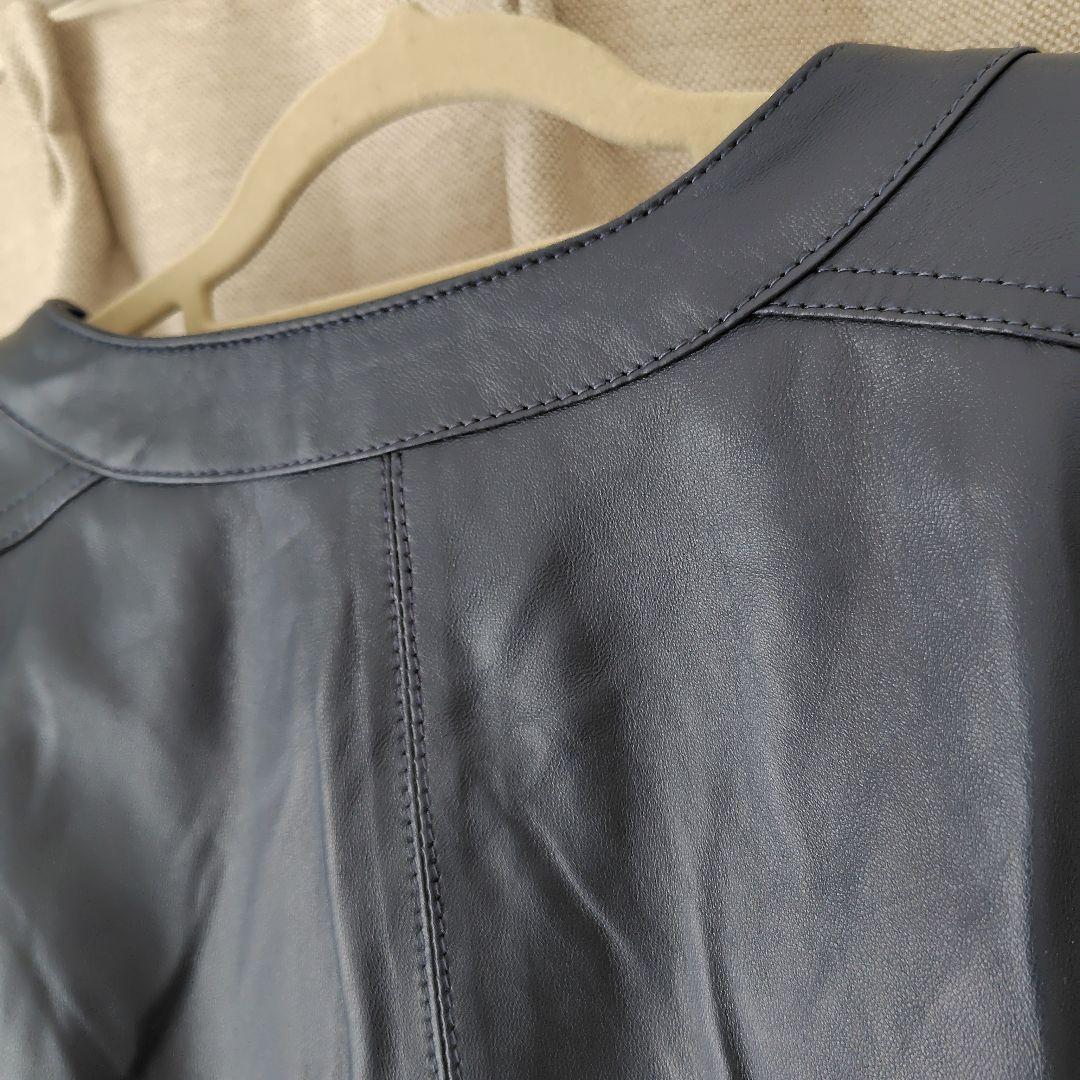 バルマン ラムレザージャケット　羊革 　ネイビー　ノーカラー