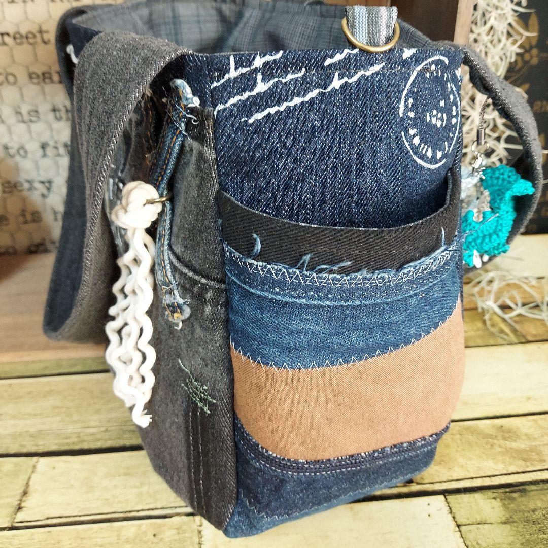 【蘭太郎】刺繍デニムバック　No.666　デニムリメイク　刺繍バック