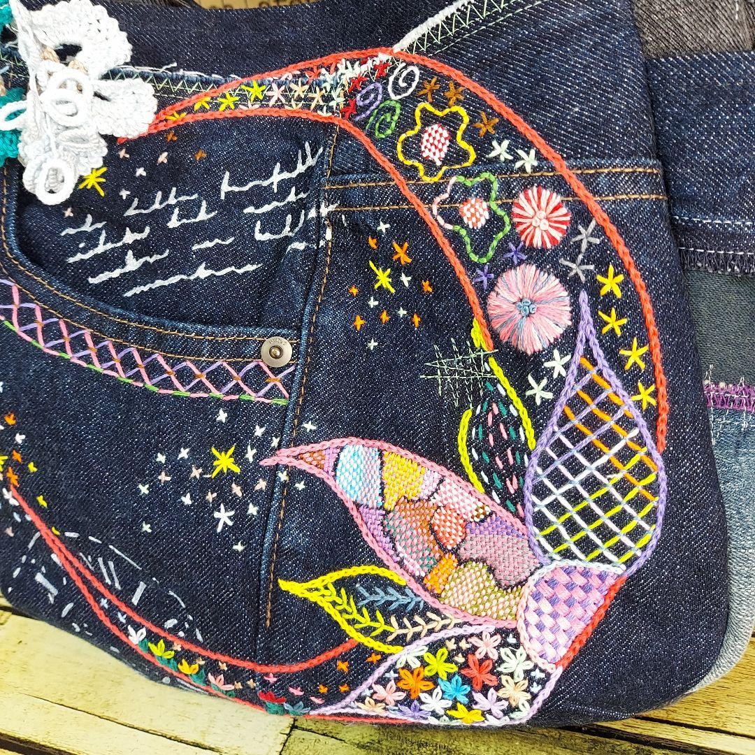 【蘭太郎】刺繍デニムバック　No.666　デニムリメイク　刺繍バック