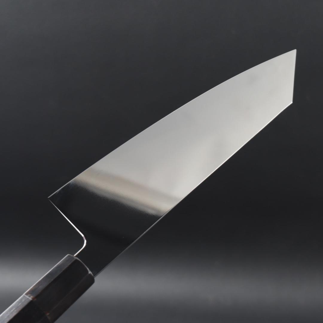 11122切付け牛刀 7寸 鏡面仕上げ 家庭用 業務用 両刃 黒檀黒水牛角八角柄