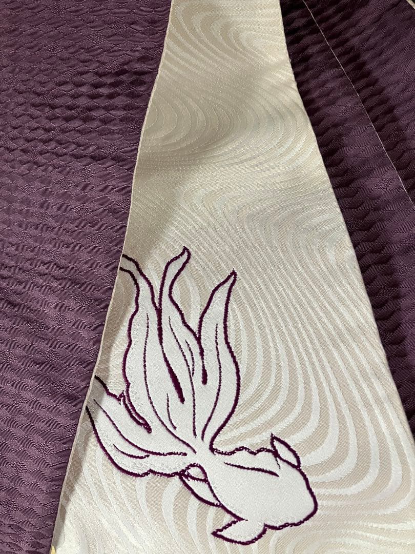【地紋入高級】金魚模様 正絹 高級半幅帯 リバーシブル 紫 白 クリーム色