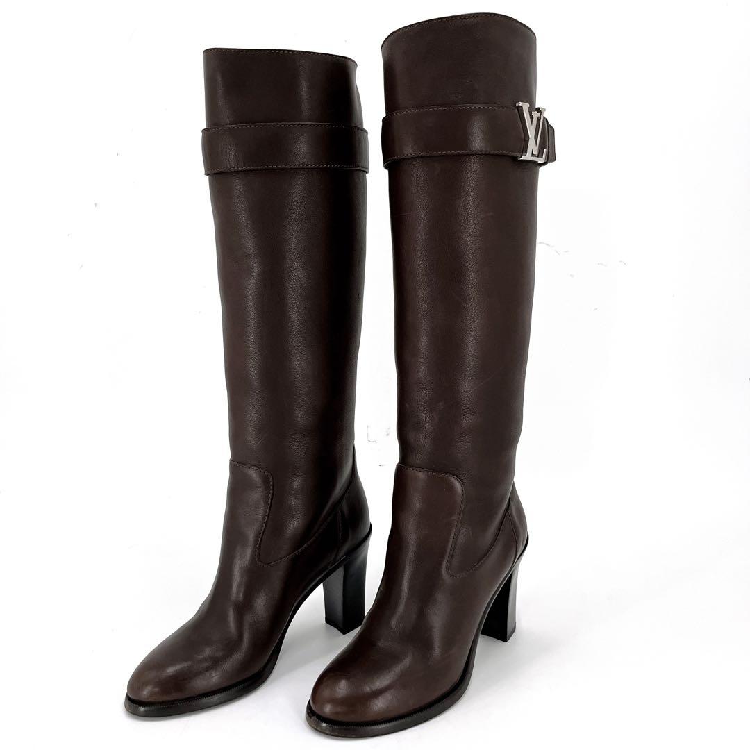 ルイヴィトン　ロングブーツ　LVロゴ金具　ベルトデザイン　ブラウン　レザー　36