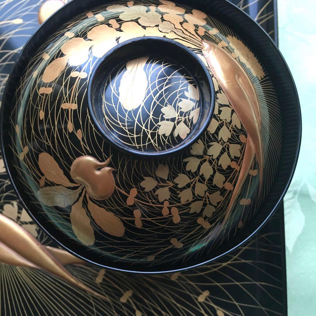 逸品　極上春の七草蒔絵　四方脚付膳　蓋付碗セット　C