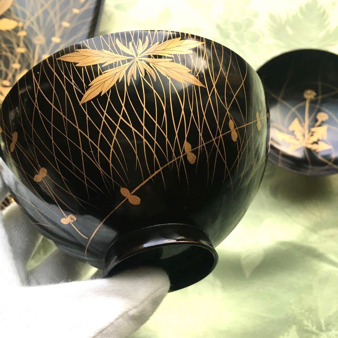 逸品　極上春の七草蒔絵　四方脚付膳　蓋付碗セット　C