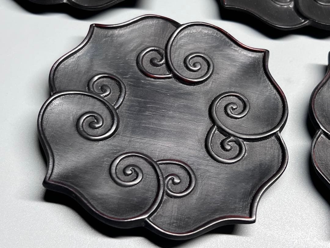 中国古美術　時代物　唐木　五客　茶托　茶道具　木製　巻草紋　浮彫　極細工