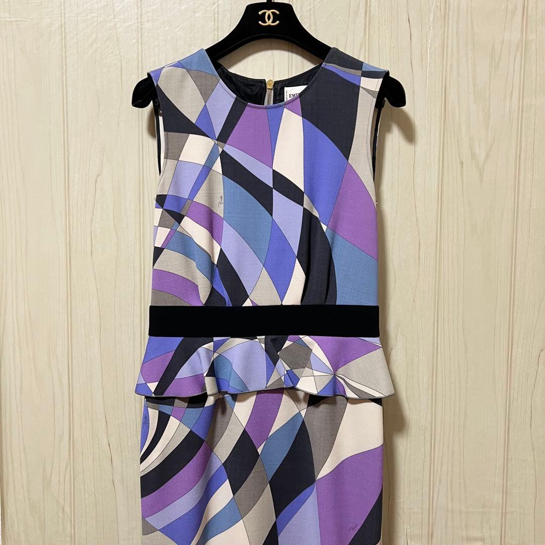 美品【エミリオプッチ】ウールウエストフリルノースリーブワンピース☆幾何学柄☆L
