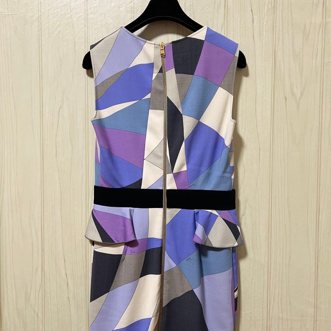 美品【エミリオプッチ】ウールウエストフリルノースリーブワンピース☆幾何学柄☆L